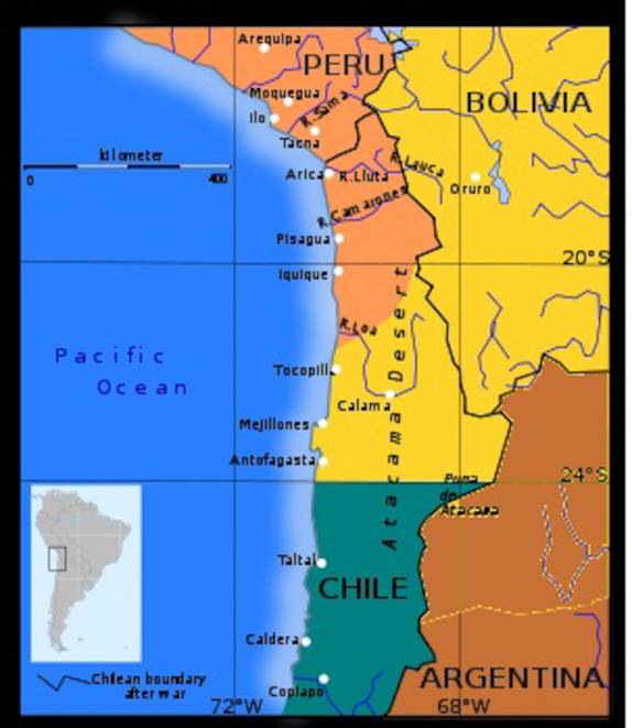 Os territórrios dos países antes (em cores) e depois (linhas pretas) da Guerra do Pacífco